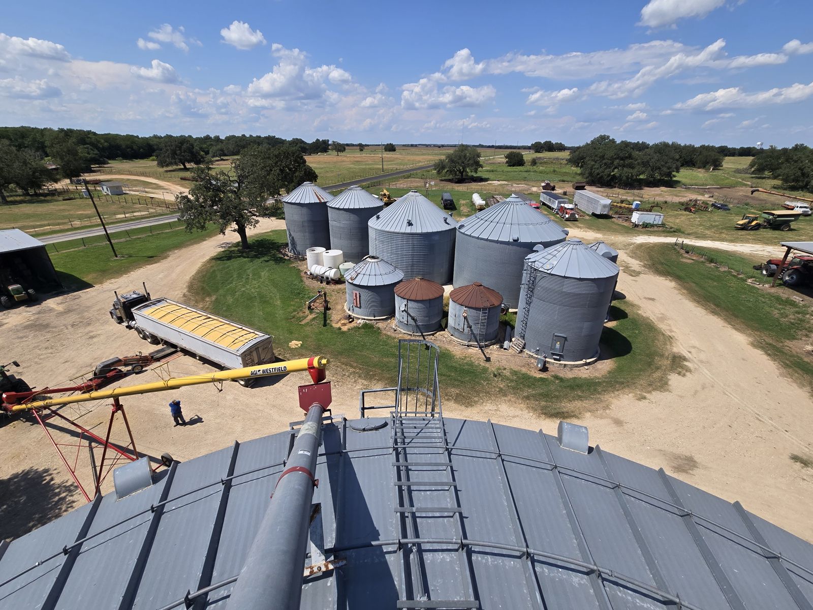 The grain bins and the yard at Evans Ranch, seen from the top of a bin